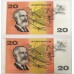 AUSTRALIA 1993 . TWENTY 20 DOLLAR BANKNOTES . FRASER/EVANS . CONSECUTIVE SEVEN . FIRST PREFIX AAA